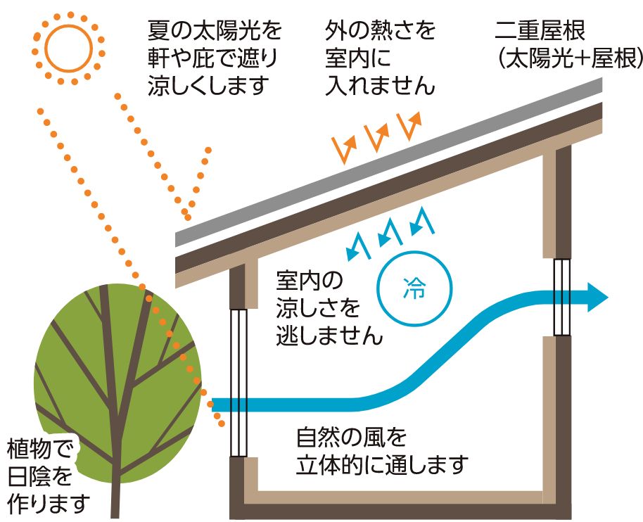 夏の太陽光を軒や庇で遮り涼しくします外の熱さを室内に入れません二重屋根（太陽光＋屋根）植物で日陰を作ります